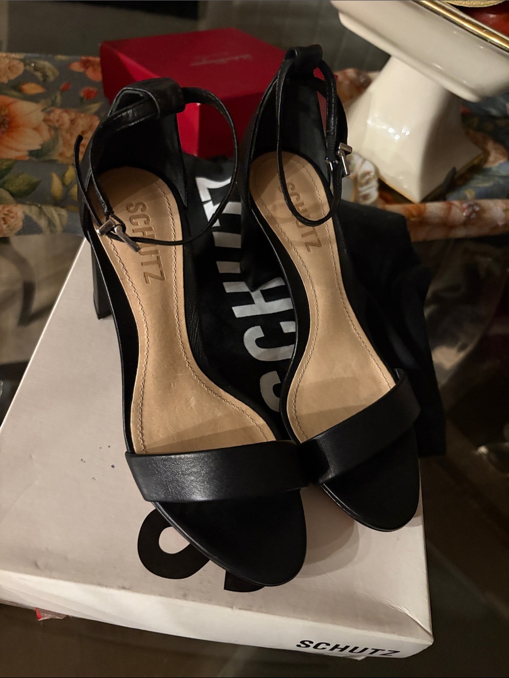 SCHUTZ Black Leather Ankle-Strap Block Heel Sandals #89